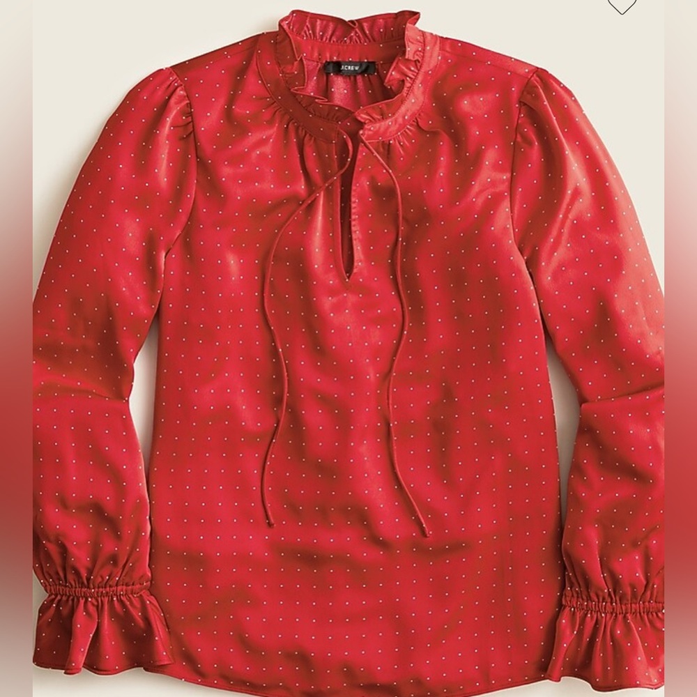 J. Crew Drapey Tie-neck Ruffle Top Microdot Long Sleeve Red Women Polka Dot XL